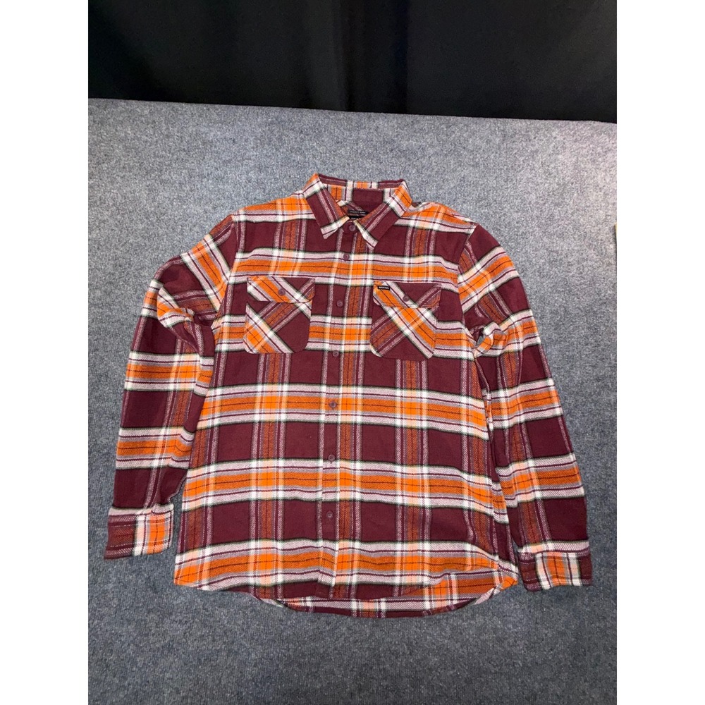 Brixton Bowery Flannel Shirt Mens XL Burgundy Orange Plaid Long Sleeve Button Up